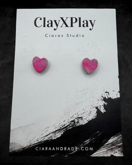 Pink & Gray Mini Heart Polymer Clay Stud Earrings Handmade
