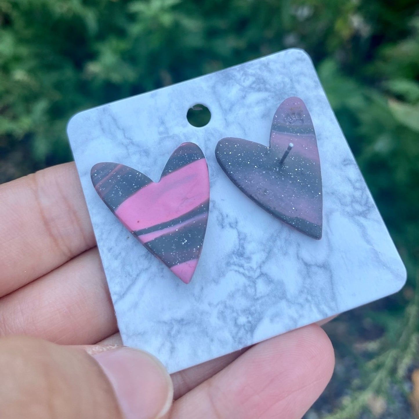 Pink & Gray Marbled Heart Handmade Polymer Clay Stud Earrings