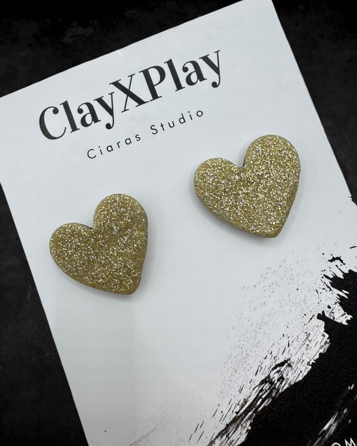 Gold Glitter Polymer Clay Medium Heart Stud Earrings – Handmade Elegance