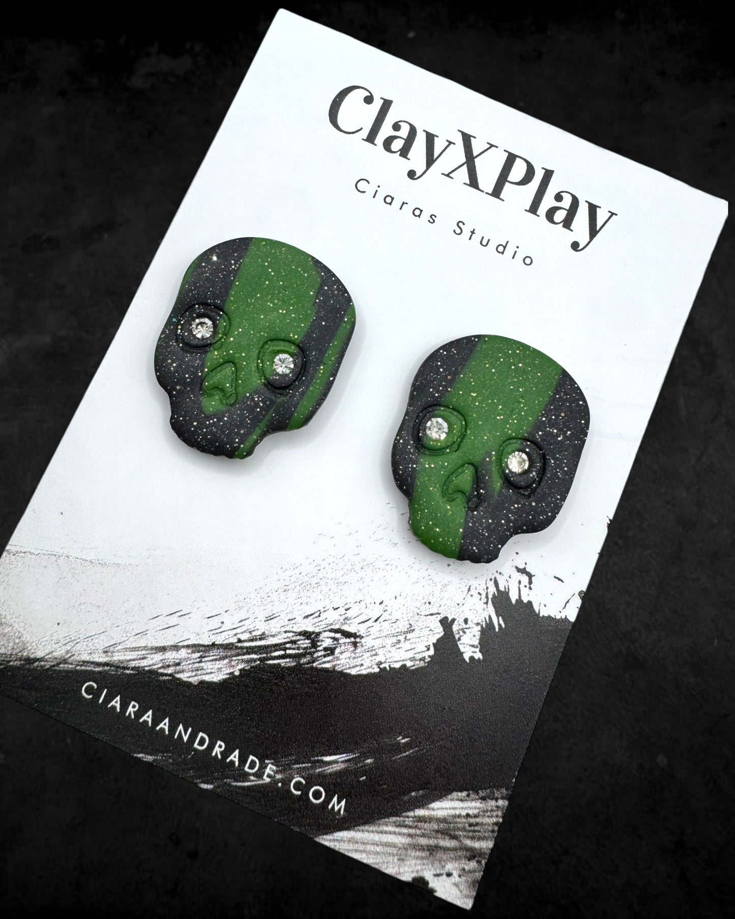 Diamond Eye Skull Black & Green Marbled XL Polymer Clay Stud Earrings Handmade