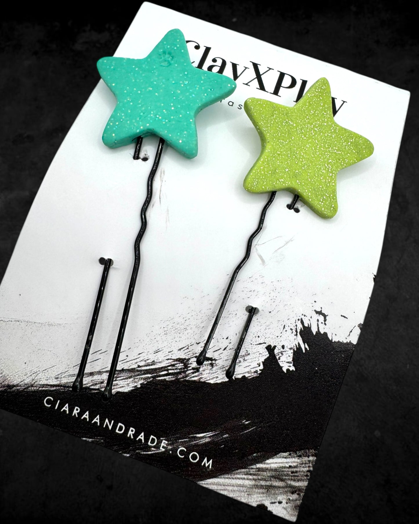 Star Green & Teal Polymer Clay Hair Pins Handmade
