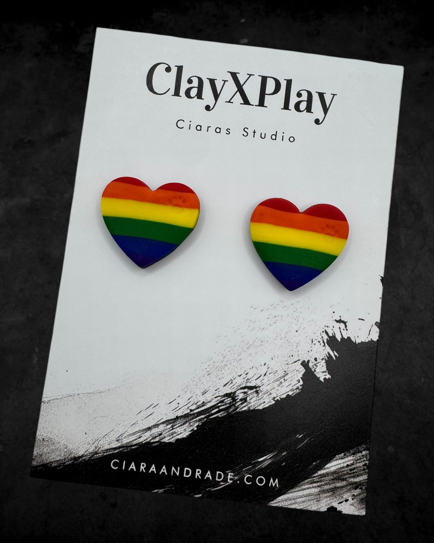 Rainbow Medium Polymer Clay Heart Stud Earrings Handmade