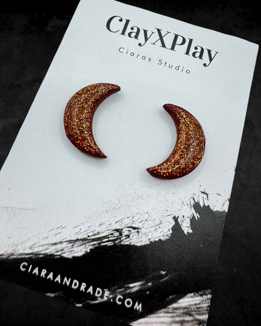Red Bronze Glitter Moon Polymer Clay Stud Earrings Handmade