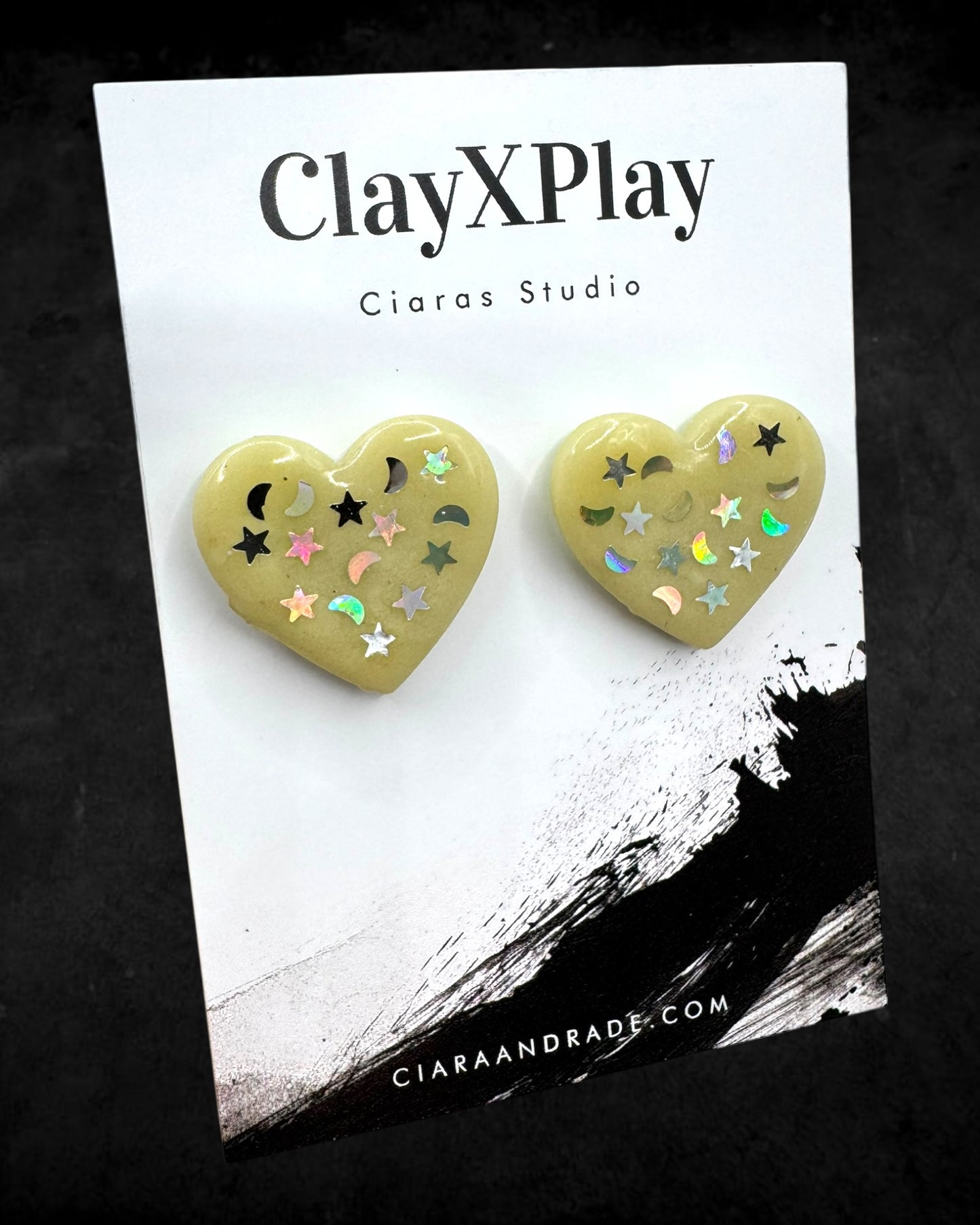 Starry Night Heart Yellow Polymer XL Clay Stud Earrings