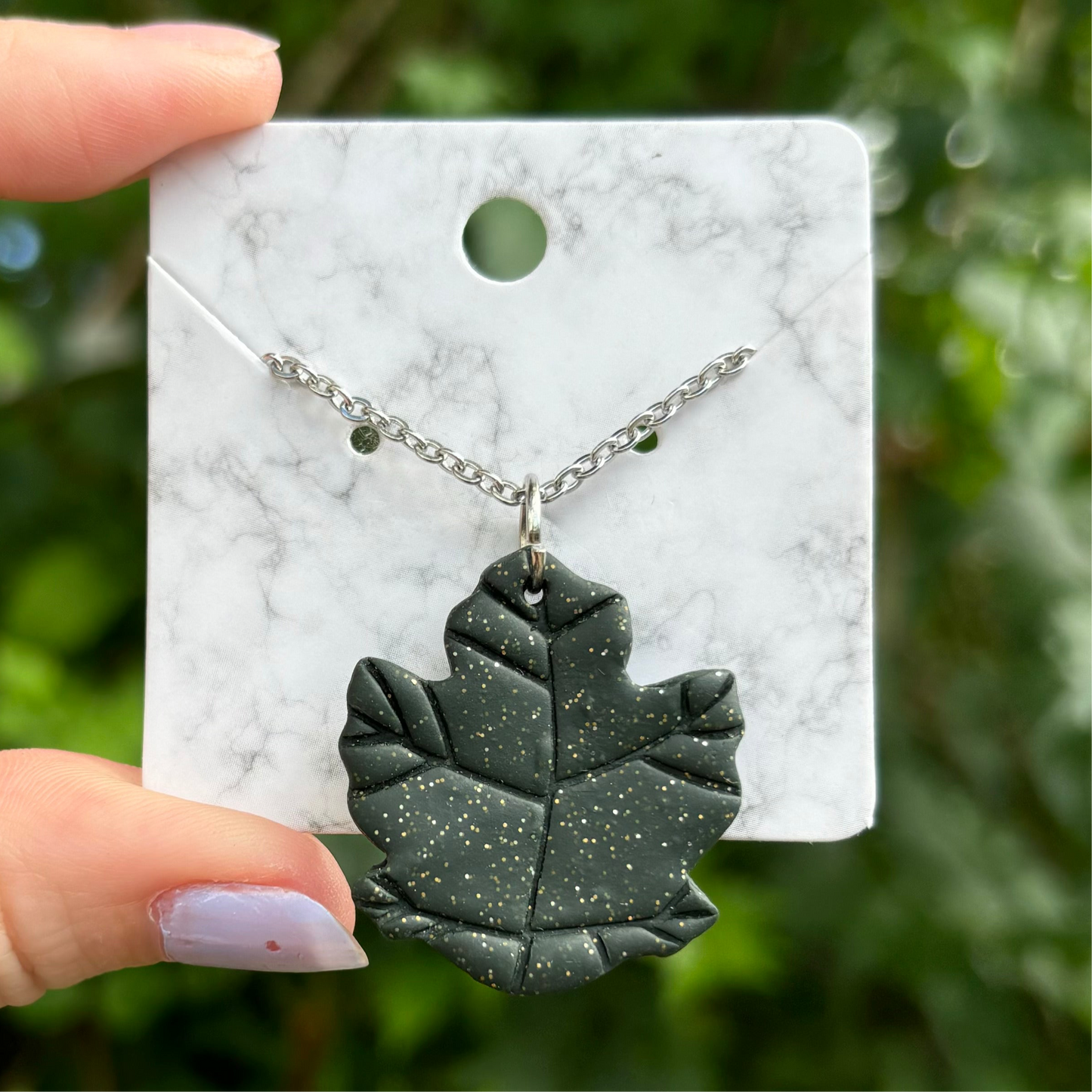 Green Polymer Clay Leaf Necklace  Stainless Steel Chain XL Pendant Handmade