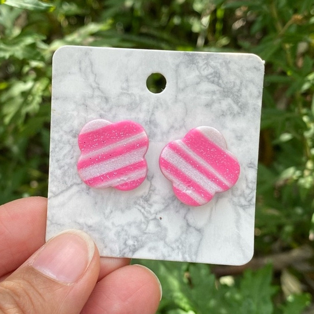 Pink‎ and White Striped Flower Polymer Clay Stud Earrings Handmade Handcrafted