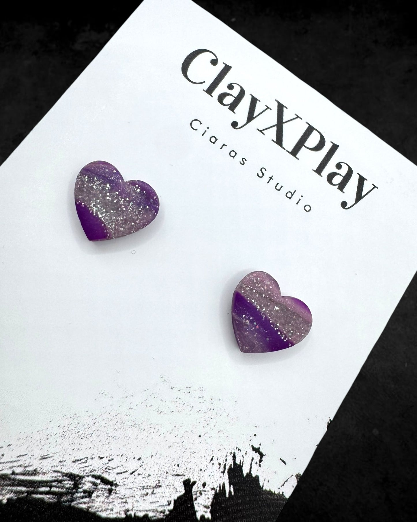 Purple & Silver Small Heart Polymer Clay Stud Earrings Handmade