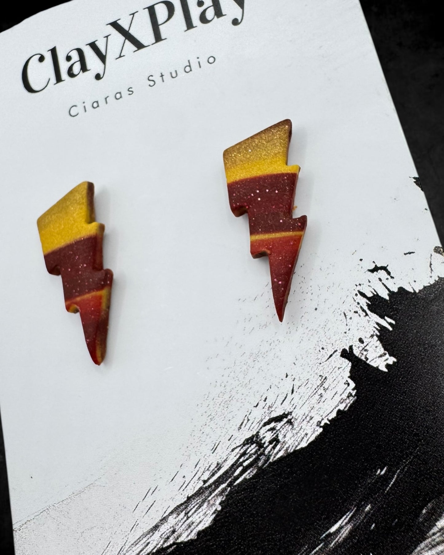 Lightning Bolt Red & Yellow Small Polymer Clay Stud Earrings Handmade