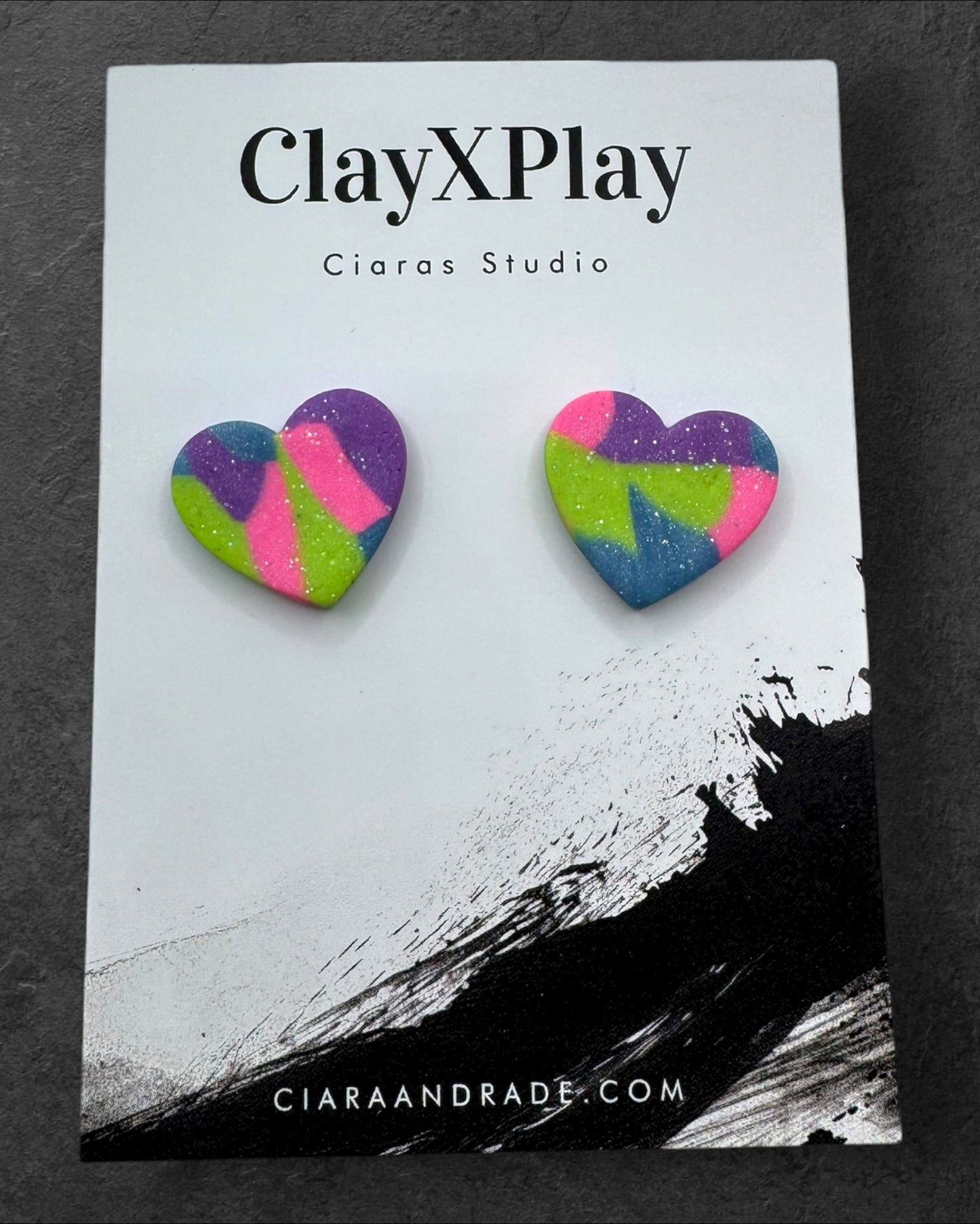 Multi Color‎ Purple Green Blue Heart Clay Stud Earrings Handmade Handcrafted
