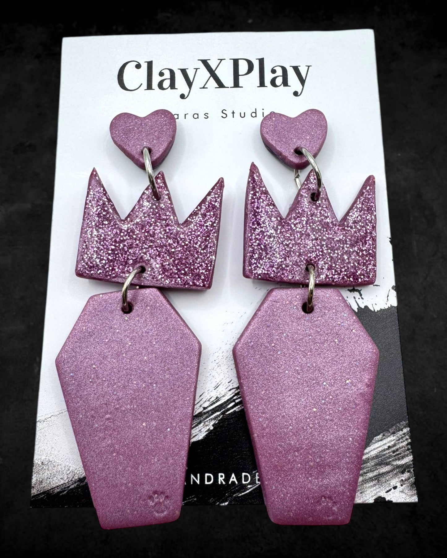 Queen Of The Dead Purple Polymer Clay Heart Coffin Stud Earrings Handmade