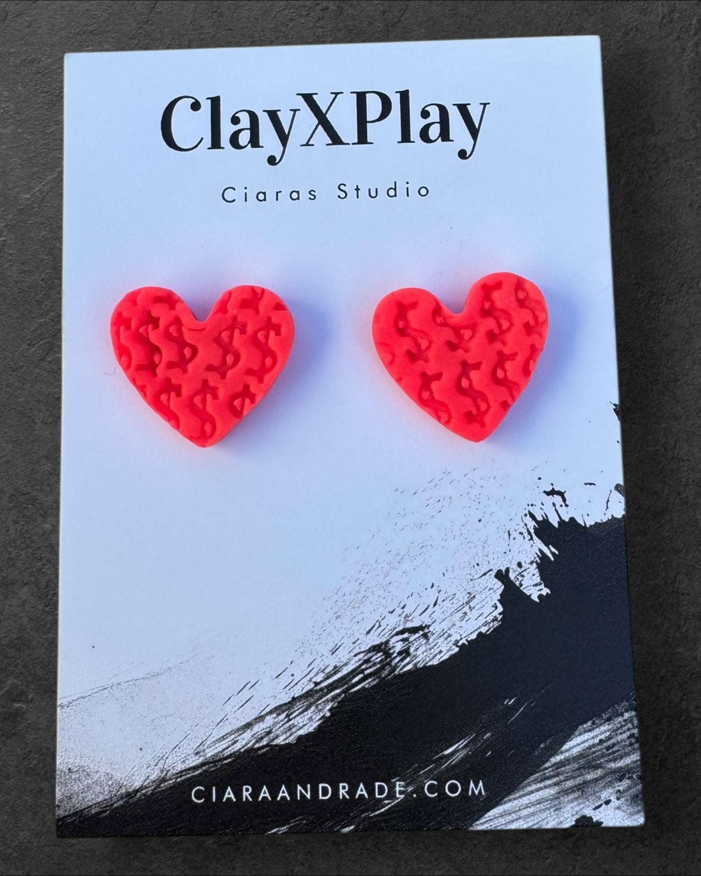 Money Magic Hot Pink Medium Polymer Clay Heart Stud Earrings Handmade