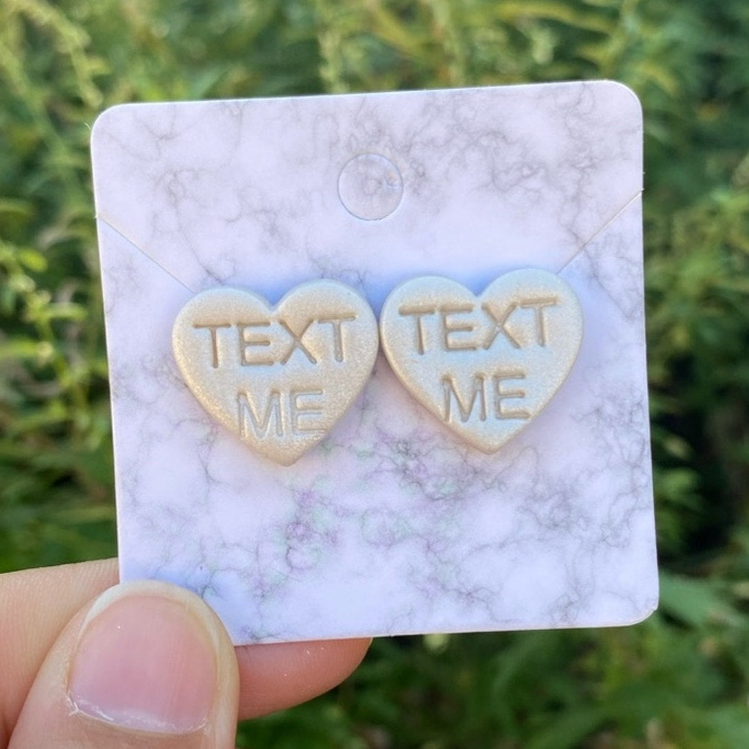 Conversation Heart TEXT ME Valentines Day Medium Pearl Polymer Clay Heart Stud Earrings – Handmade