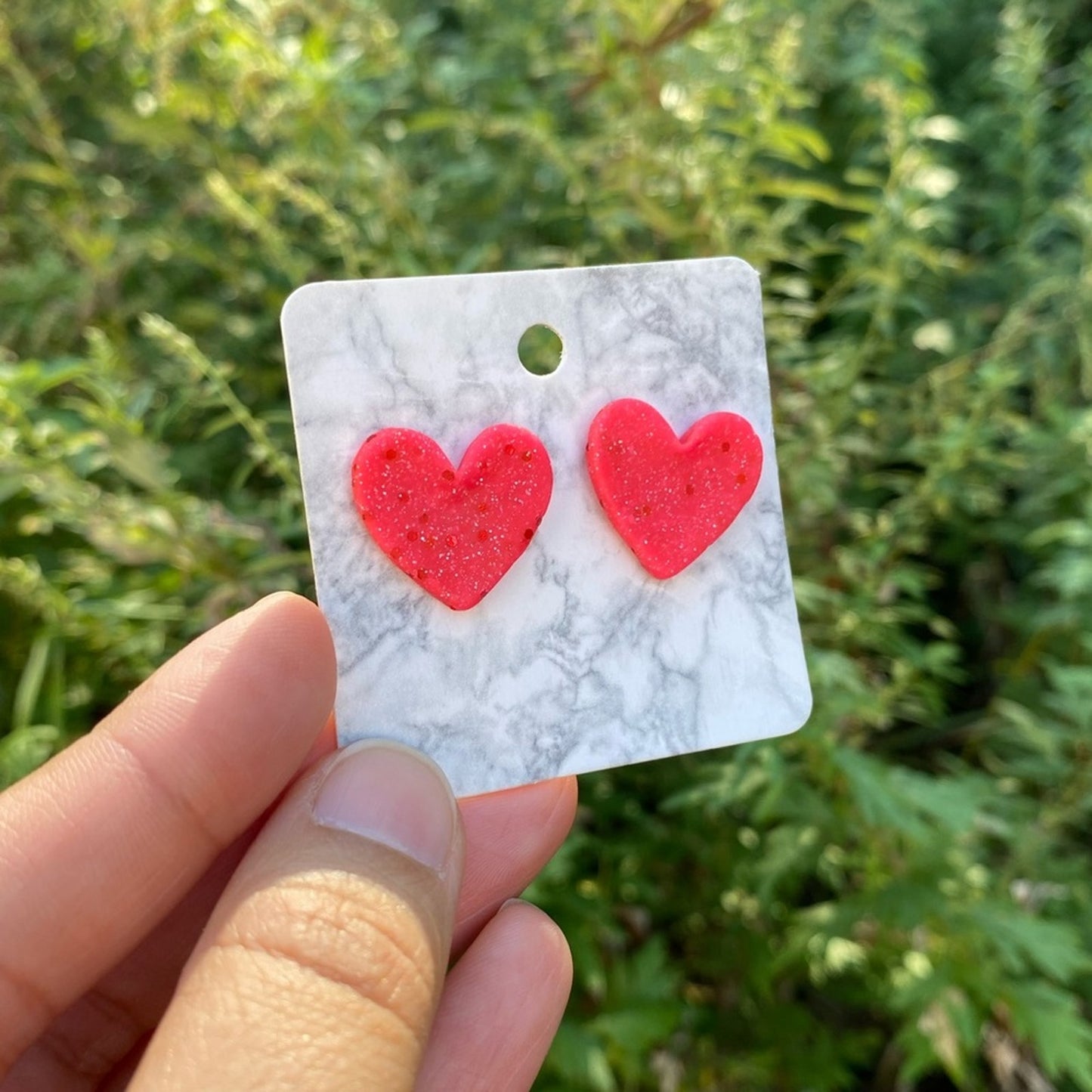 Pink & Red Glitter Medium Polymer Clay Heart Studs Handmade