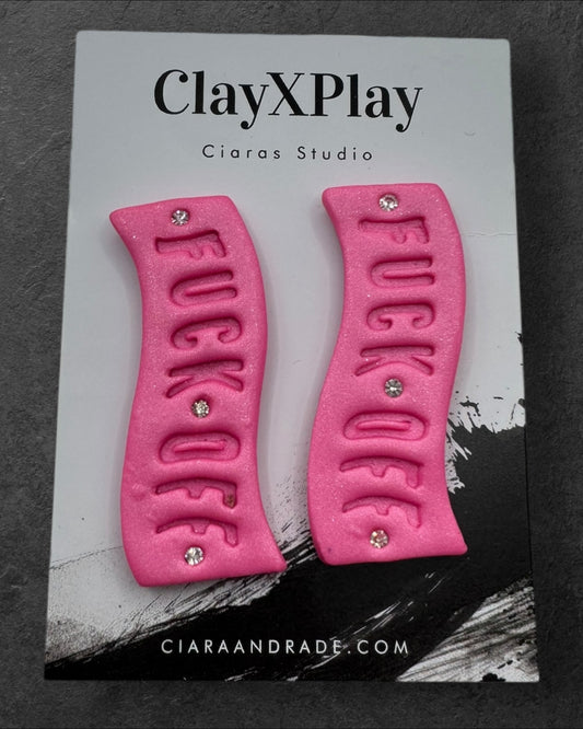 Fuck Off Pink Polymer Clay Curved Stud Earrings – XL Handmade Statement