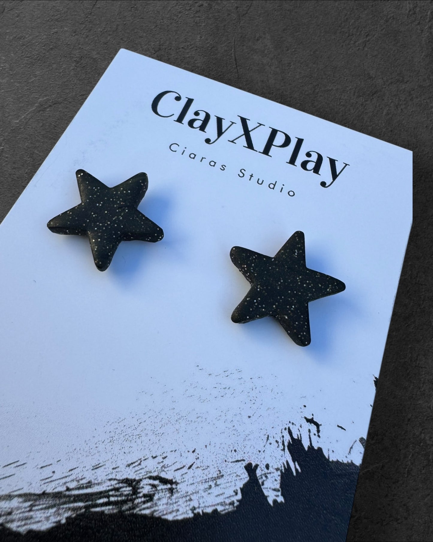 Black Glitter Small Star Polymer Clay Stud Earrings Handmade