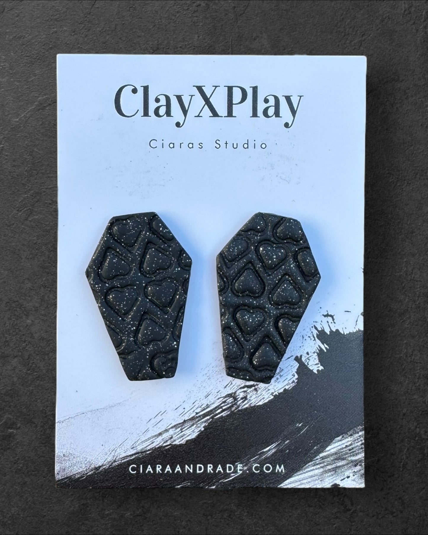 Till Death Do Us Part Black Polymer Clay Heart Coffin Stud Earrings Handmade