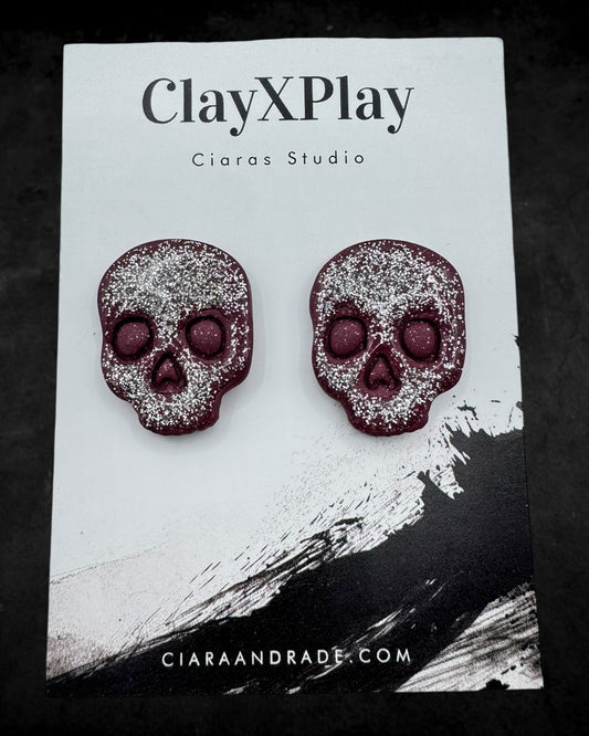 Silver Glitter Red Skull XL Polymer Clay Stud Earrings Handmade
