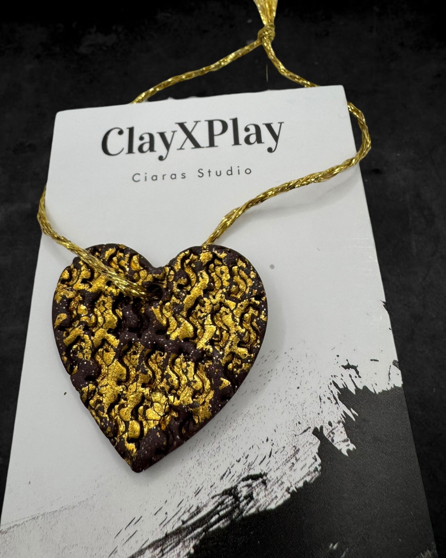 Money Magic Maroon & Gold Leaf Polymer Clay Heart Ornament Handmade