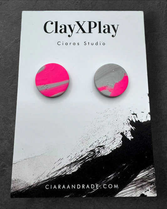 Pink & Gray Round Handmade Polymer Clay Stud Earrings