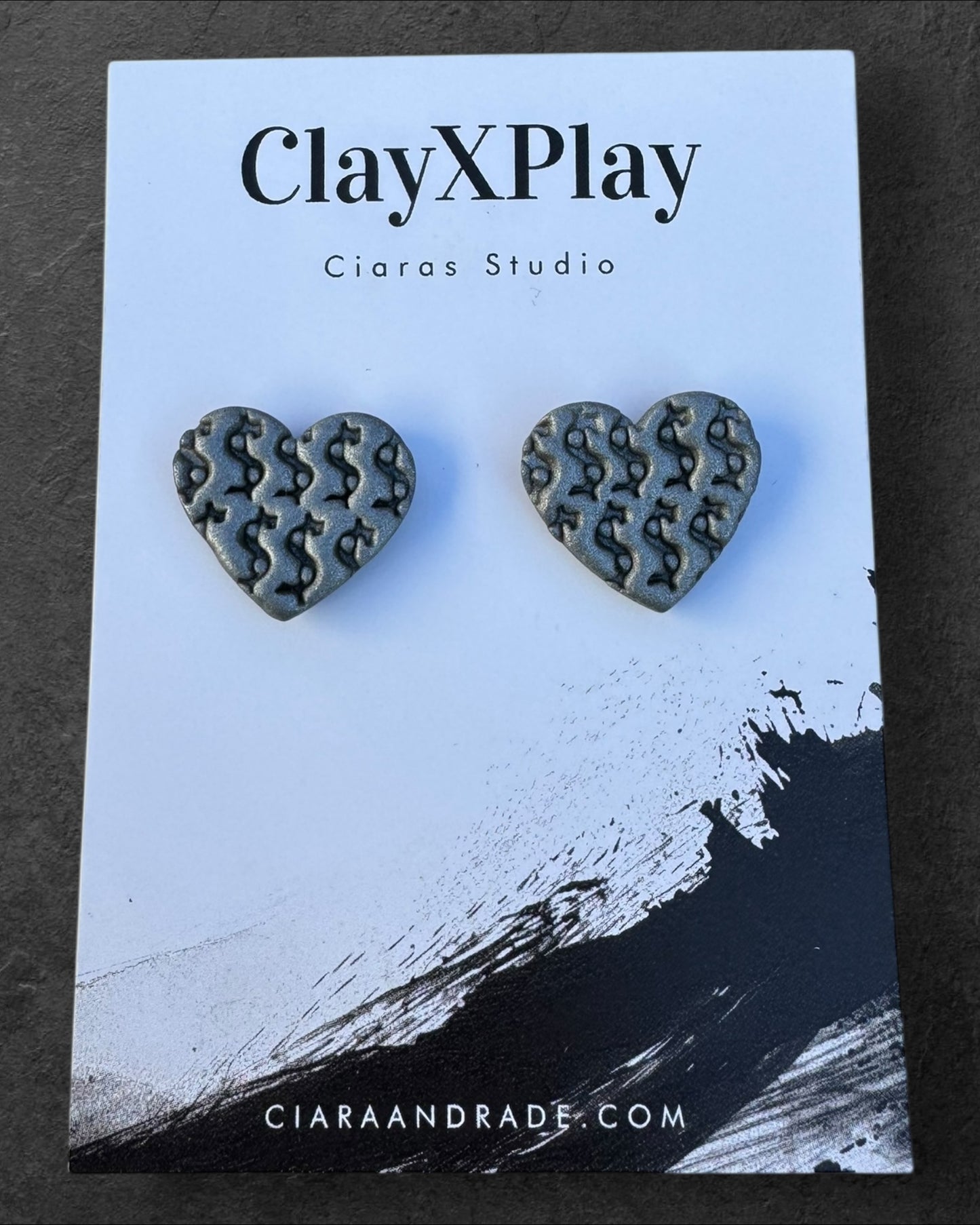 Money Magic Silver Medium Polymer Clay Heart Stud Earrings Handmade