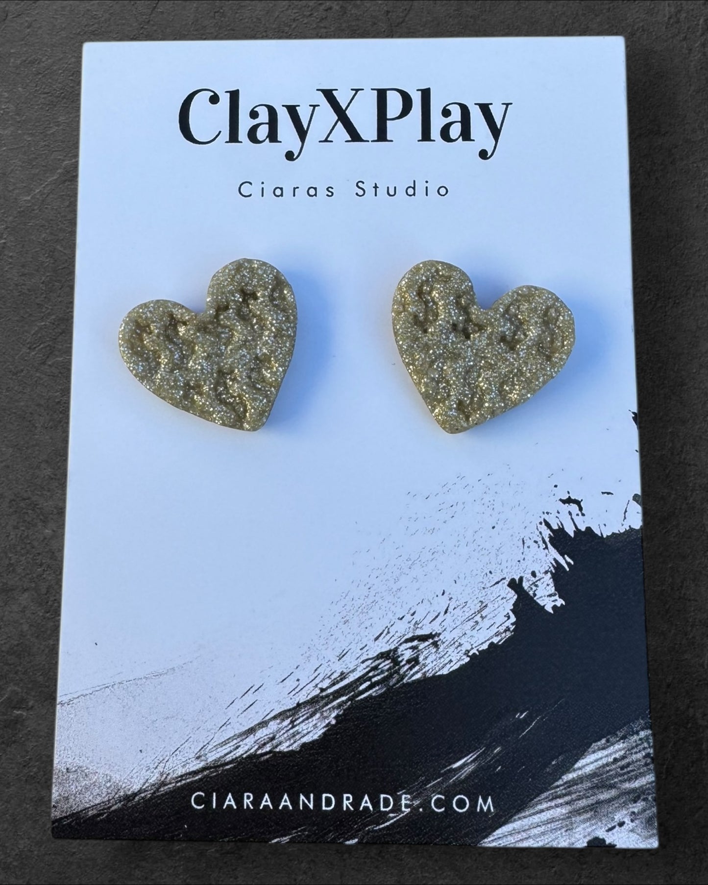 Money Magic Medium Gold Polymer Clay Heart Stud Earrings  Handmade