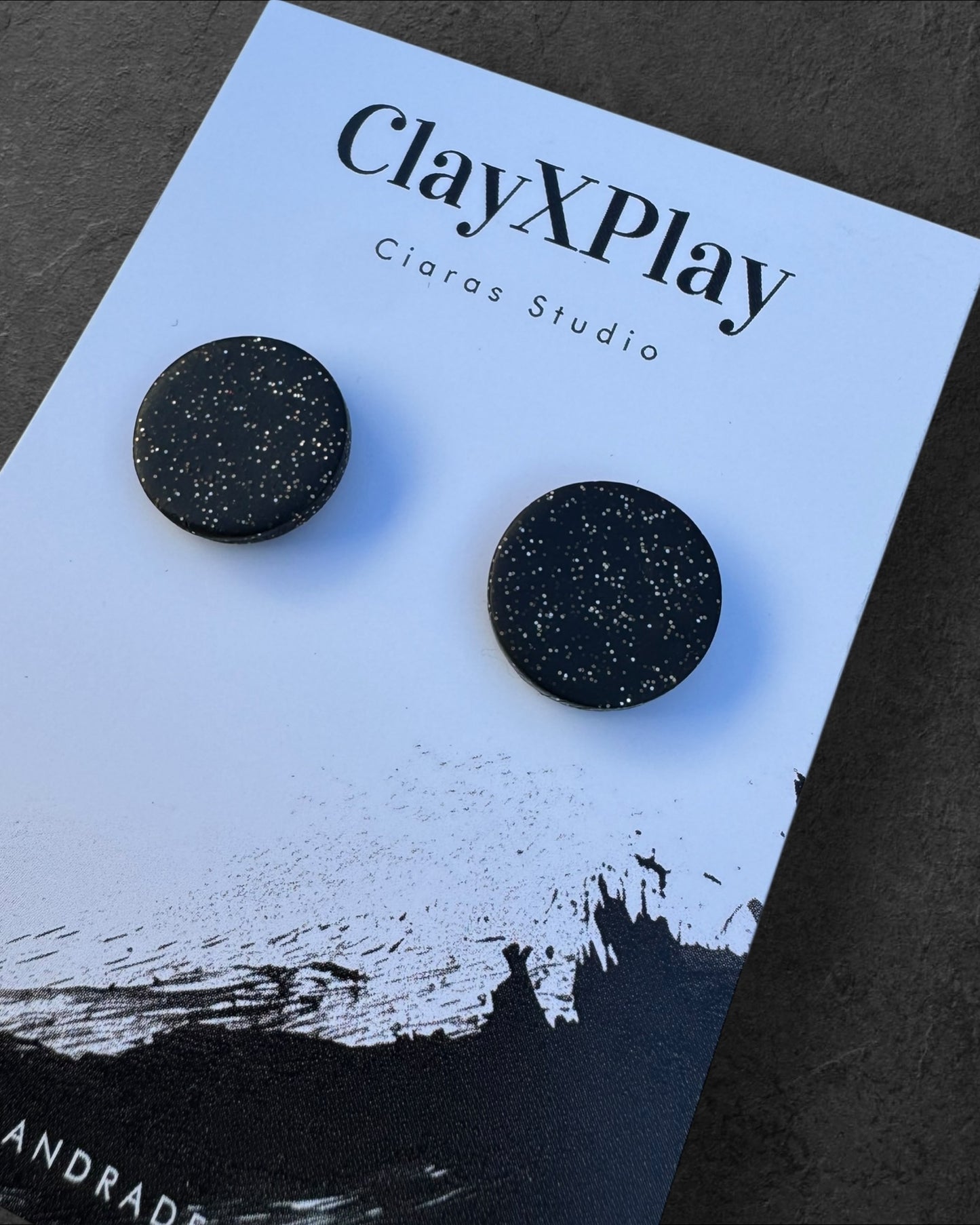 Black Glitter Medium Polymer Clay Round Stud Earrings