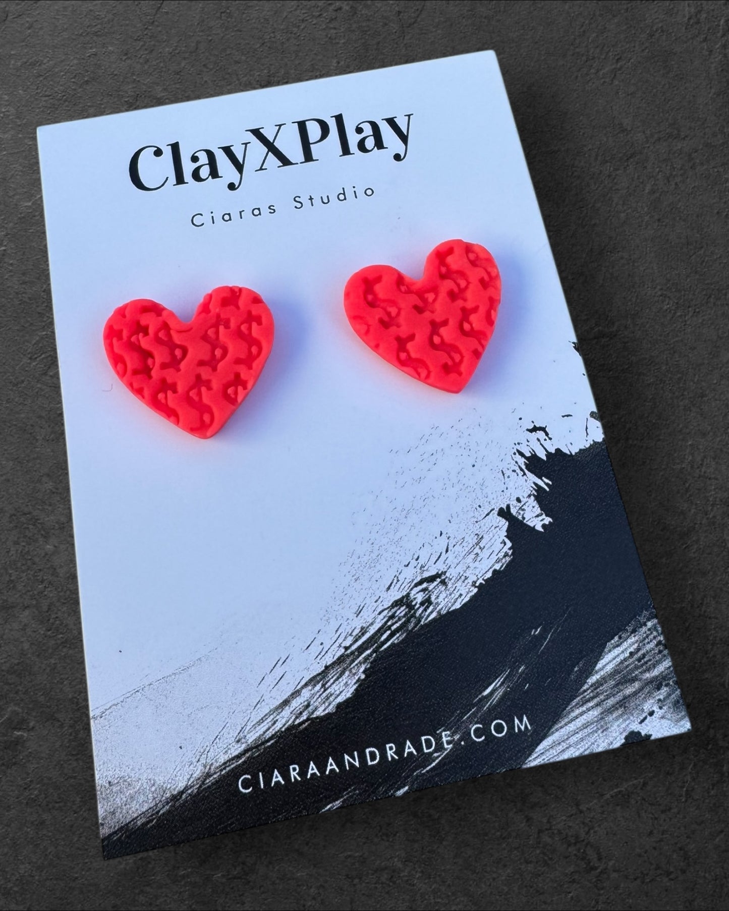 Money Magic Hot Pink Medium Polymer Clay Heart Stud Earrings Handmade