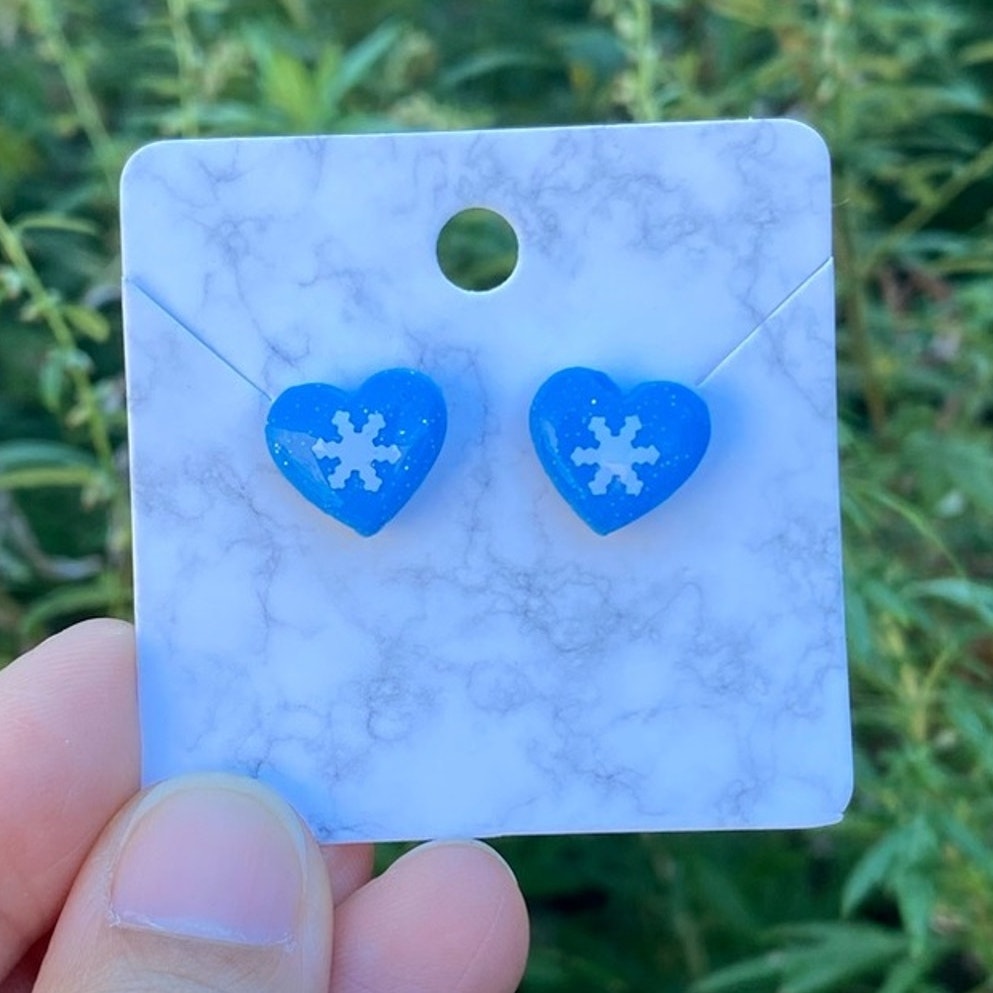 Winter Time Blue Small Polymer Clay Heart Stud Earrings Handmade