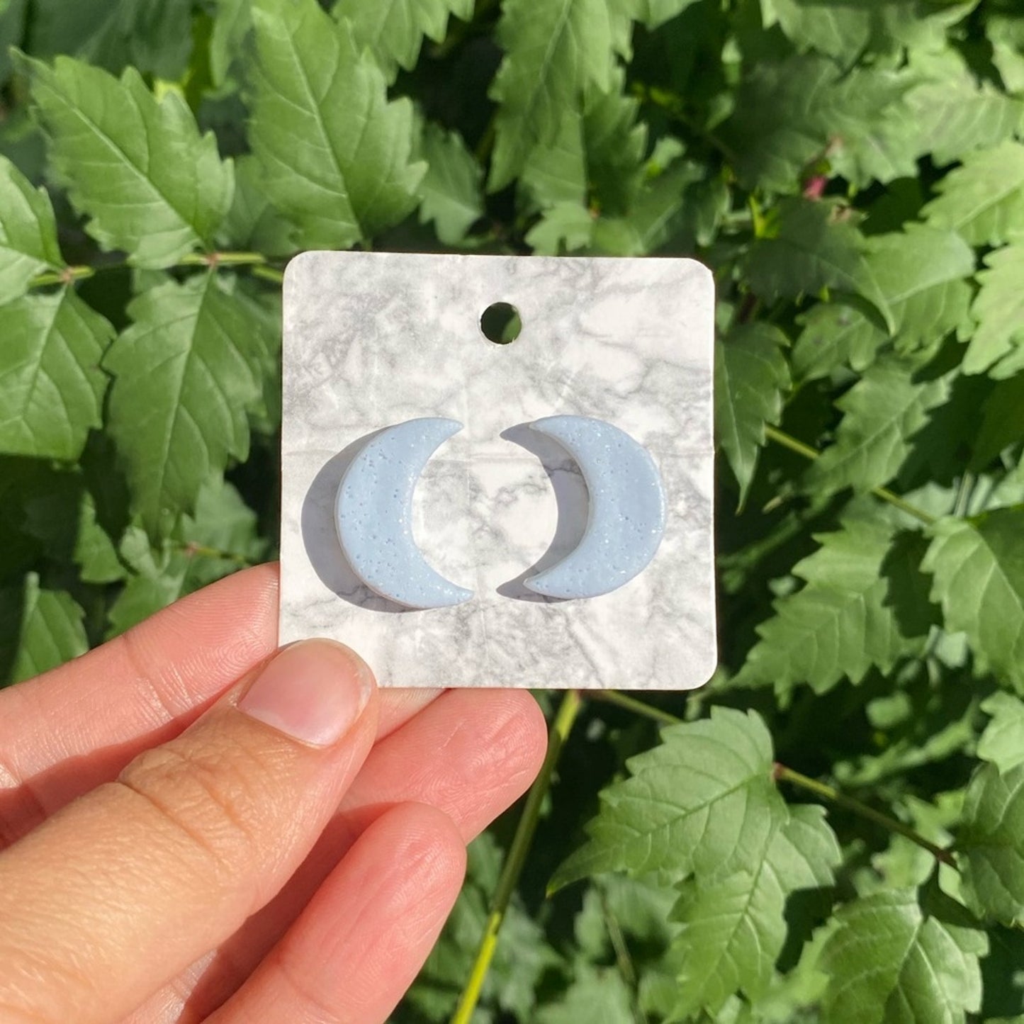 Powder Blue Glitter Moon Polymer Clay Stud Earrings Handmade