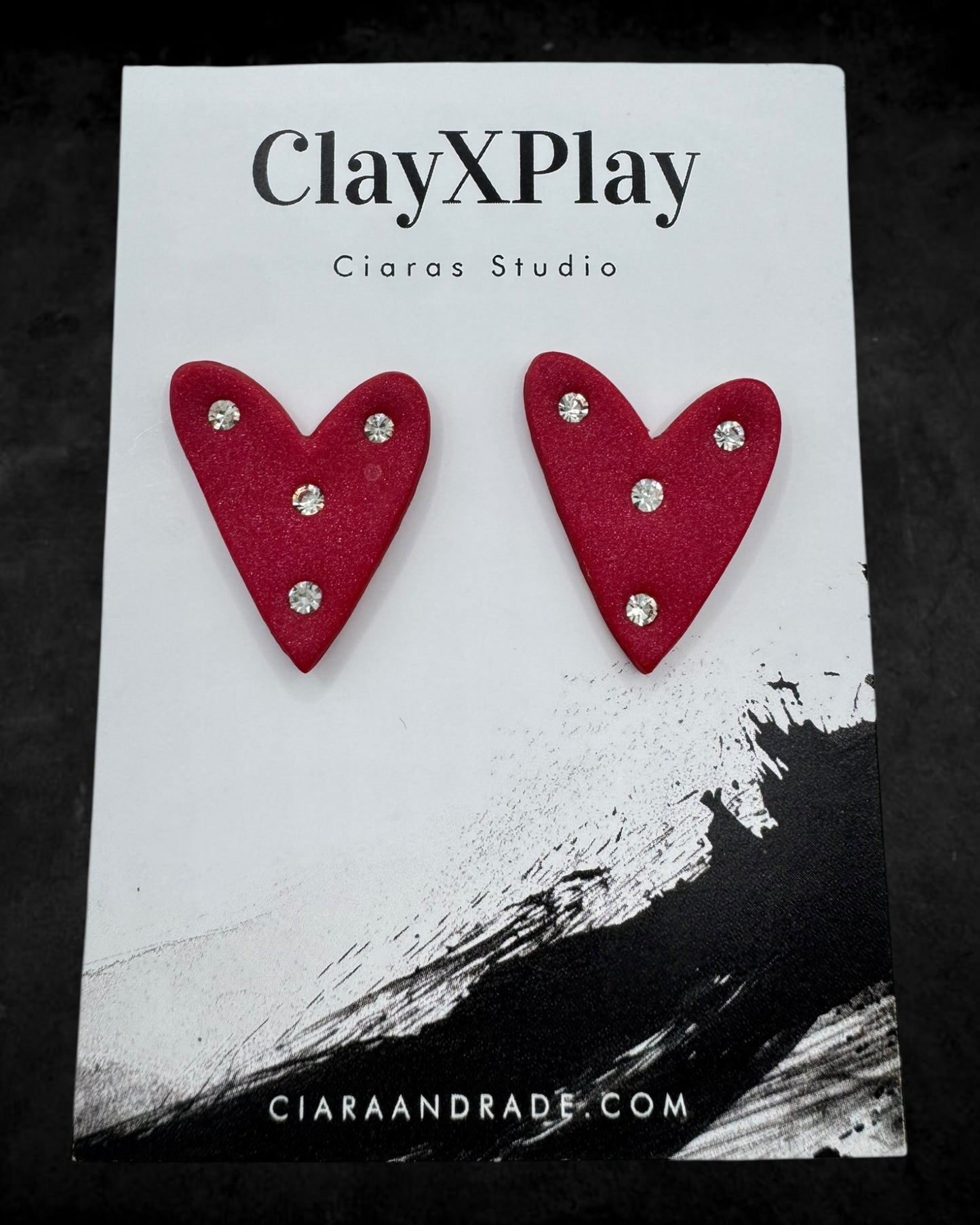 Red Diamond Medium Polymer Clay Heart Stud Earrings Handmade