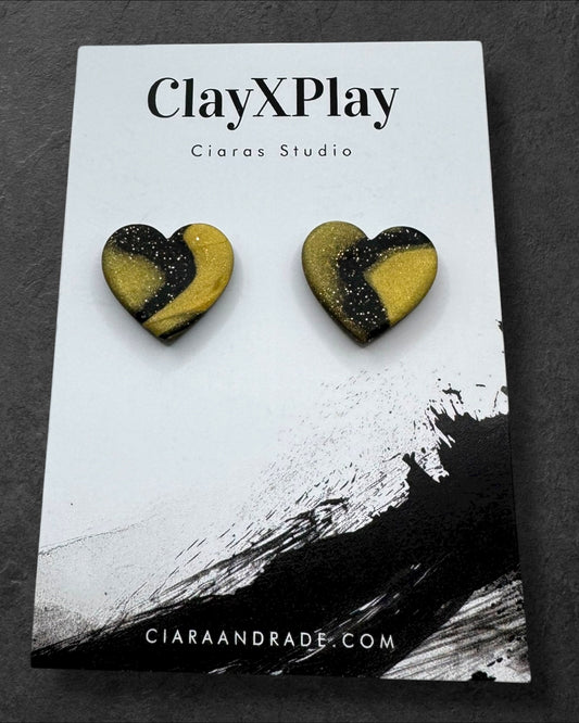 Black & Gold Polymer Clay Heart Stud Earrings – Medium Handmade