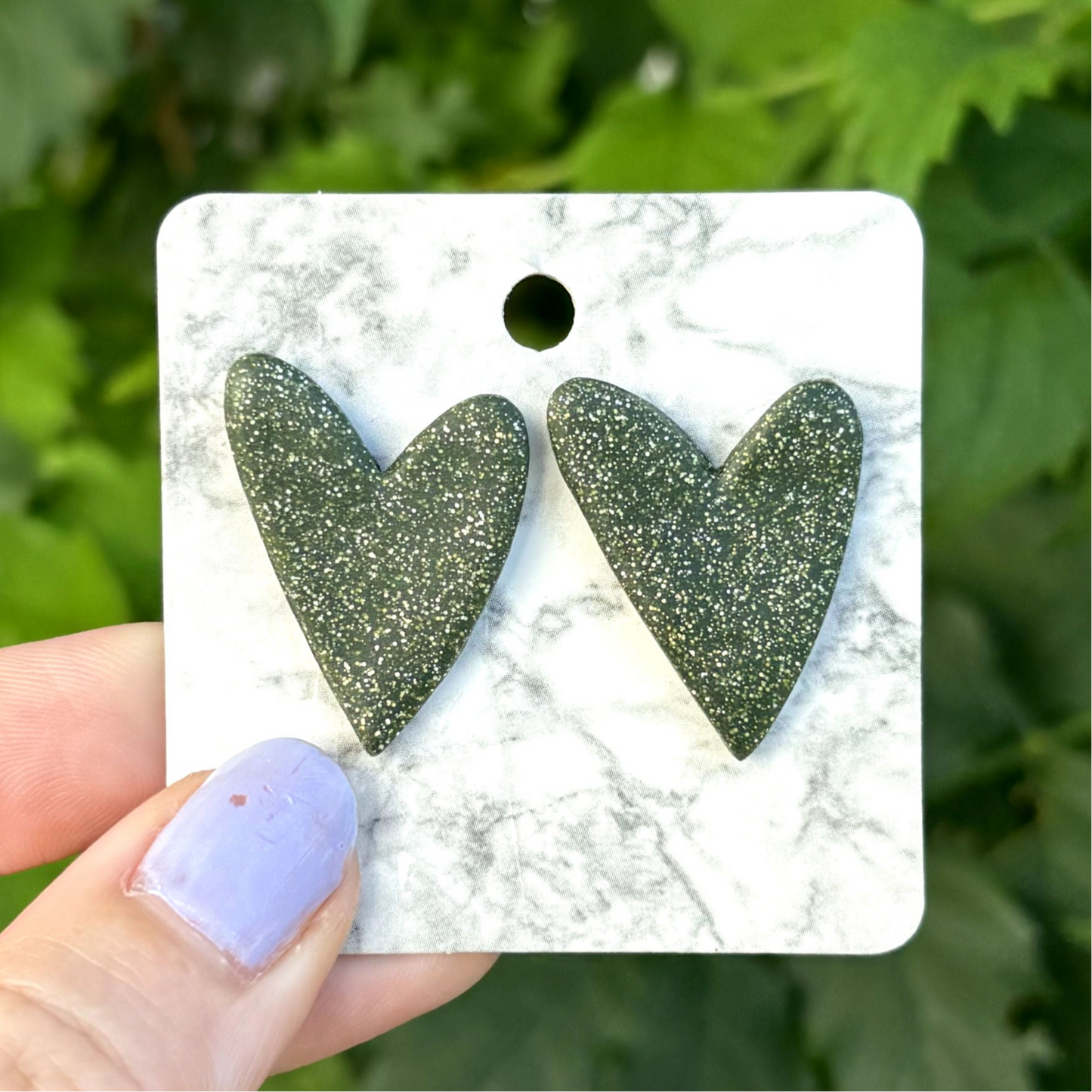 Green Glitter Large Green Polymer Clay Heart Stud Earrings Handmade