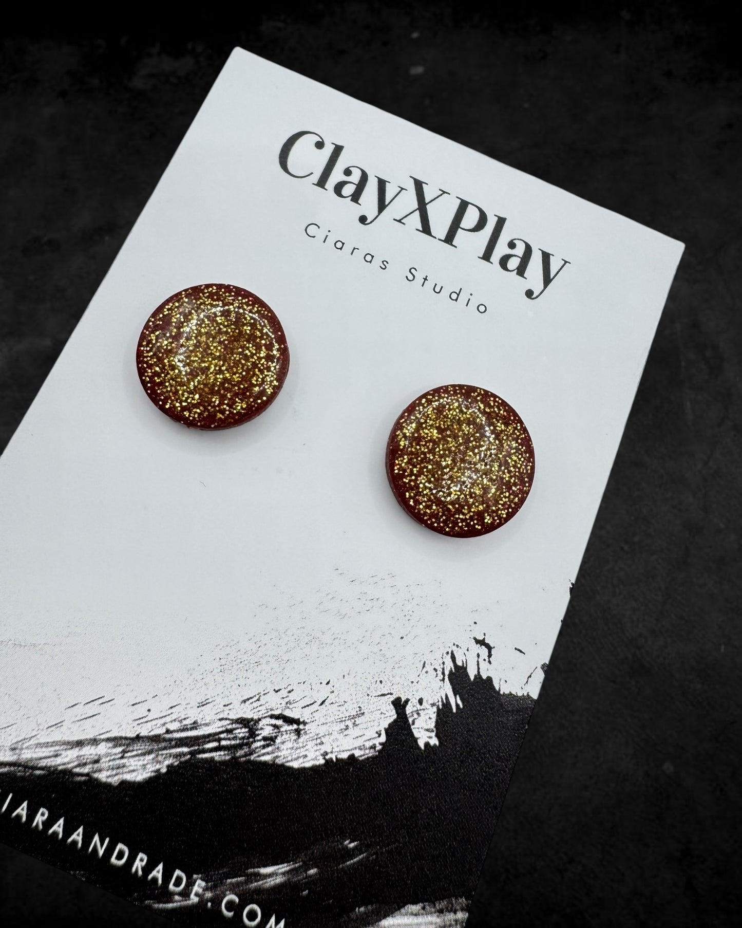 Red Gold Glitter Large Round Polymer Clay Stud Earrings Handmade