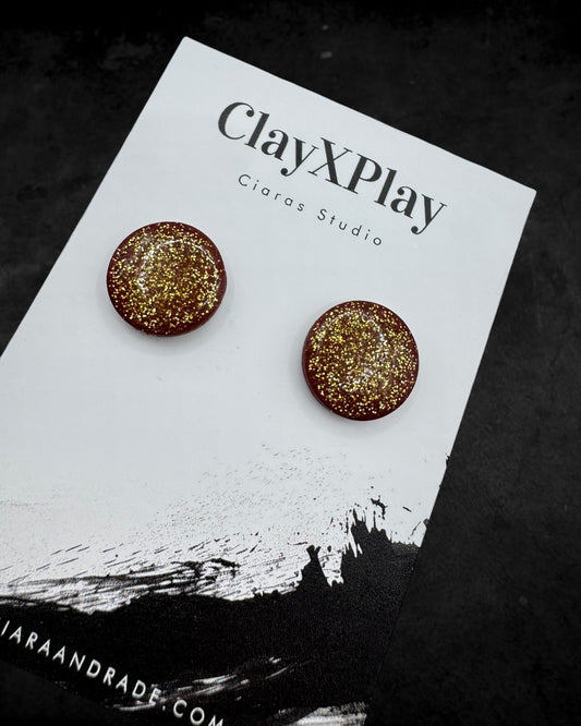 Red Gold Glitter Large Round Polymer Clay Stud Earrings Handmade
