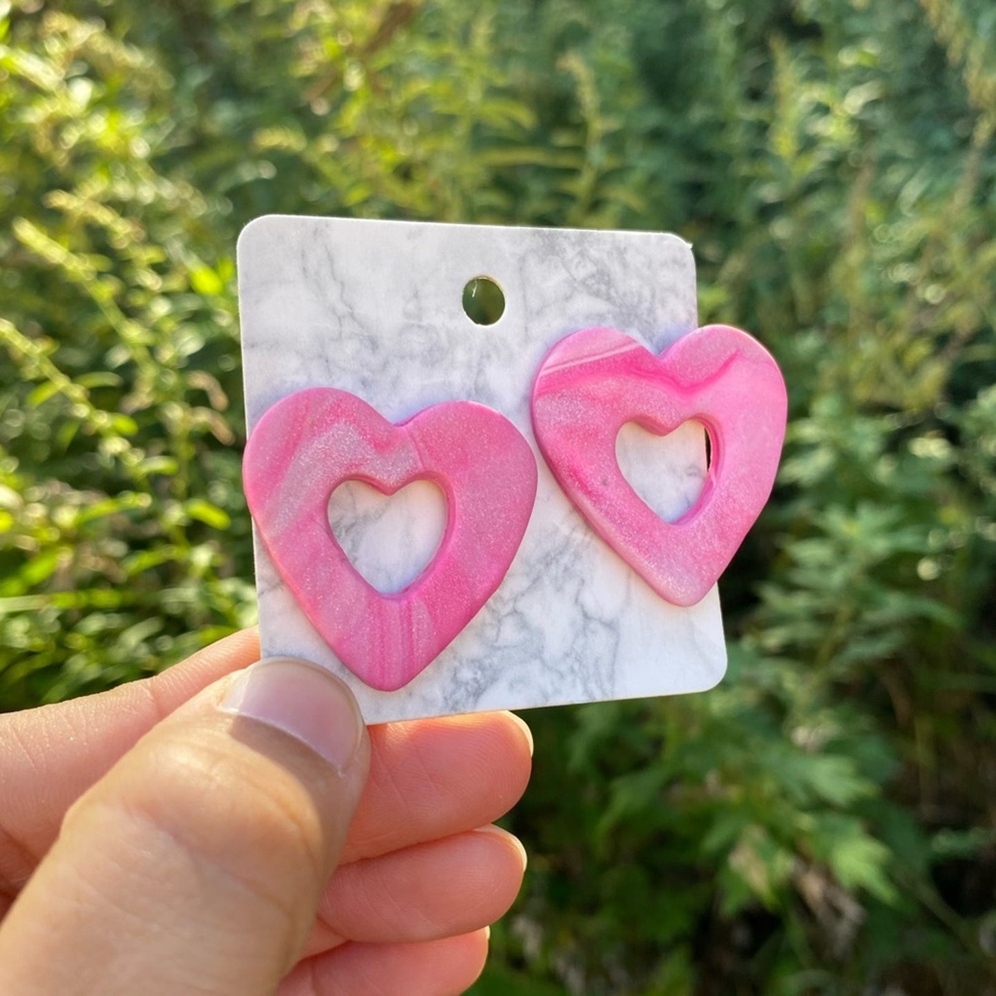 Open Heart Pink & White Marbled Polymer XL Clay Stud Earrings Handmade