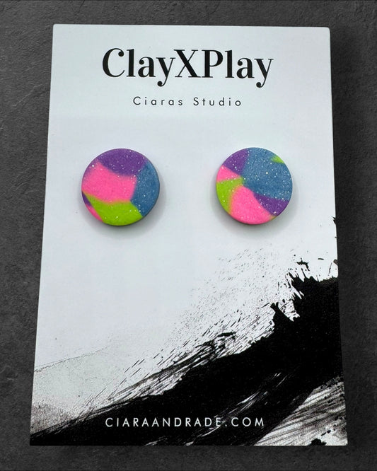 Multi Color‎ Purple Green Blue Round Clay Stud Earrings Handmade Handcrafted