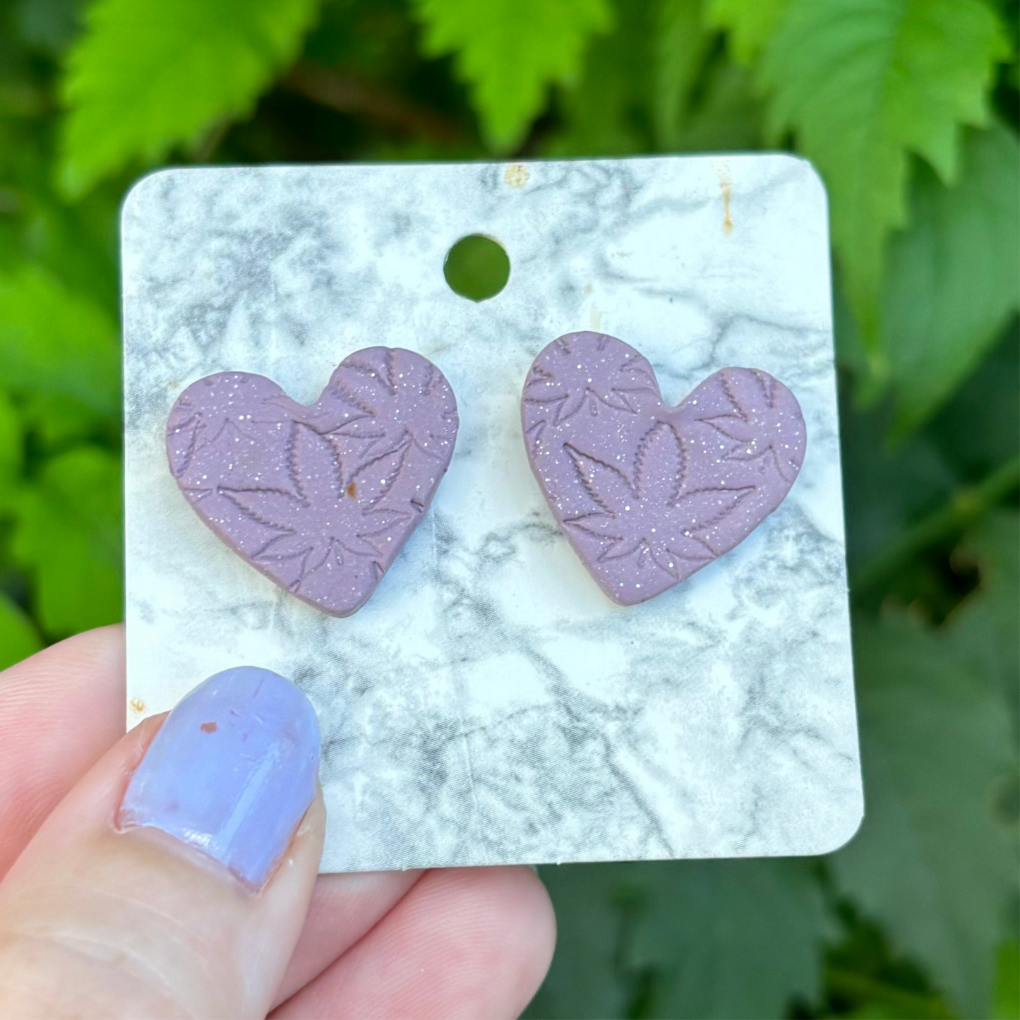 Medicated 420 Purple Medium Polymer Clay Heart Stud Earrings Handmade