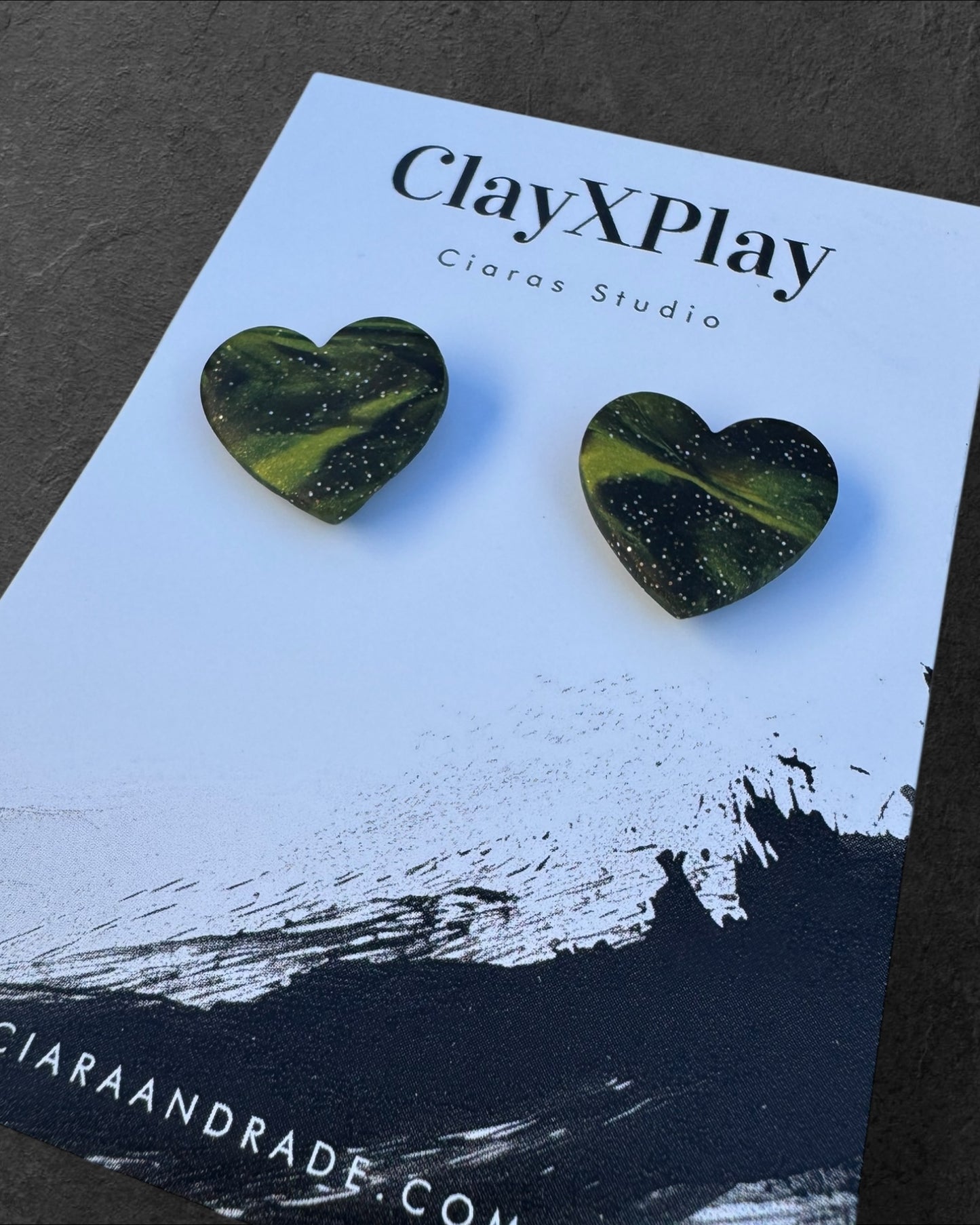 Marbled Black & Green Medium  Clay Heart Stud Earrings  Handmade