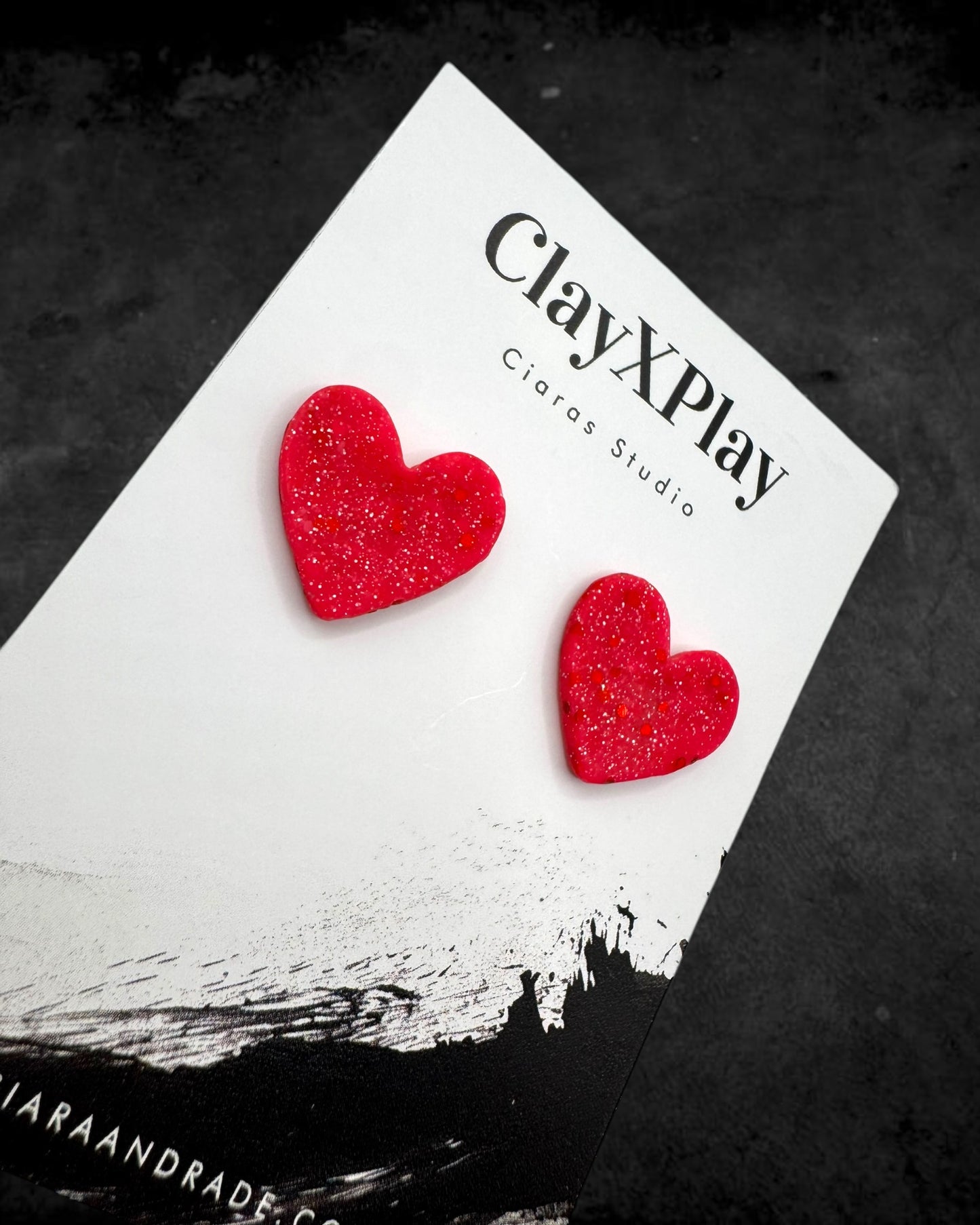 Pink & Red Glitter Medium Polymer Clay Heart Studs Handmade