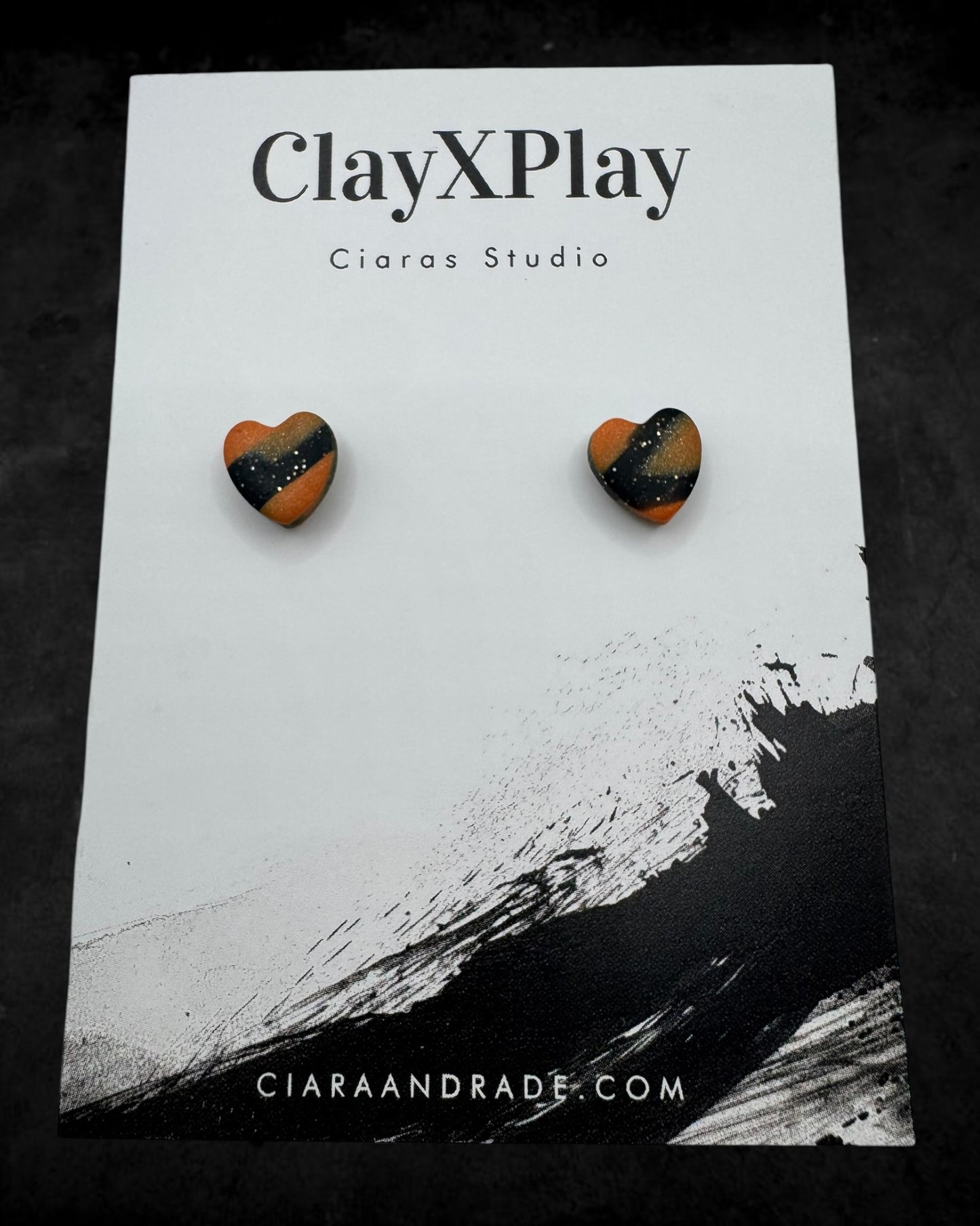 Orange & Black Mini Heart Polymer Clay Stud Earrings Handmade