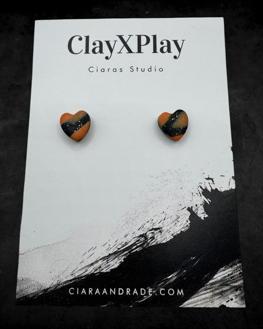 Orange & Black Mini Heart Polymer Clay Stud Earrings Handmade
