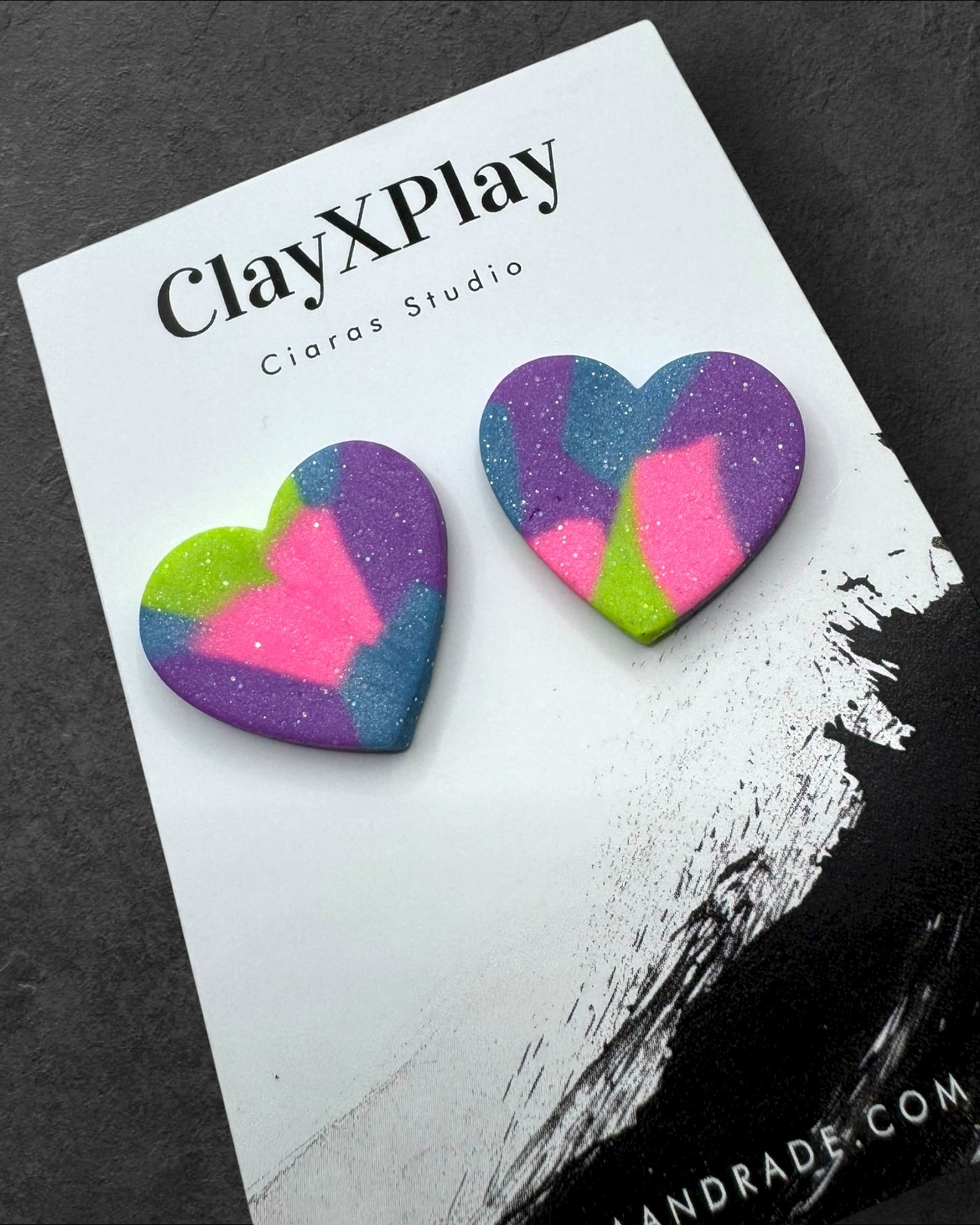 Multi Color‎ Purple Green Blue XL Heart Clay Stud Earrings Handmade Handcrafted