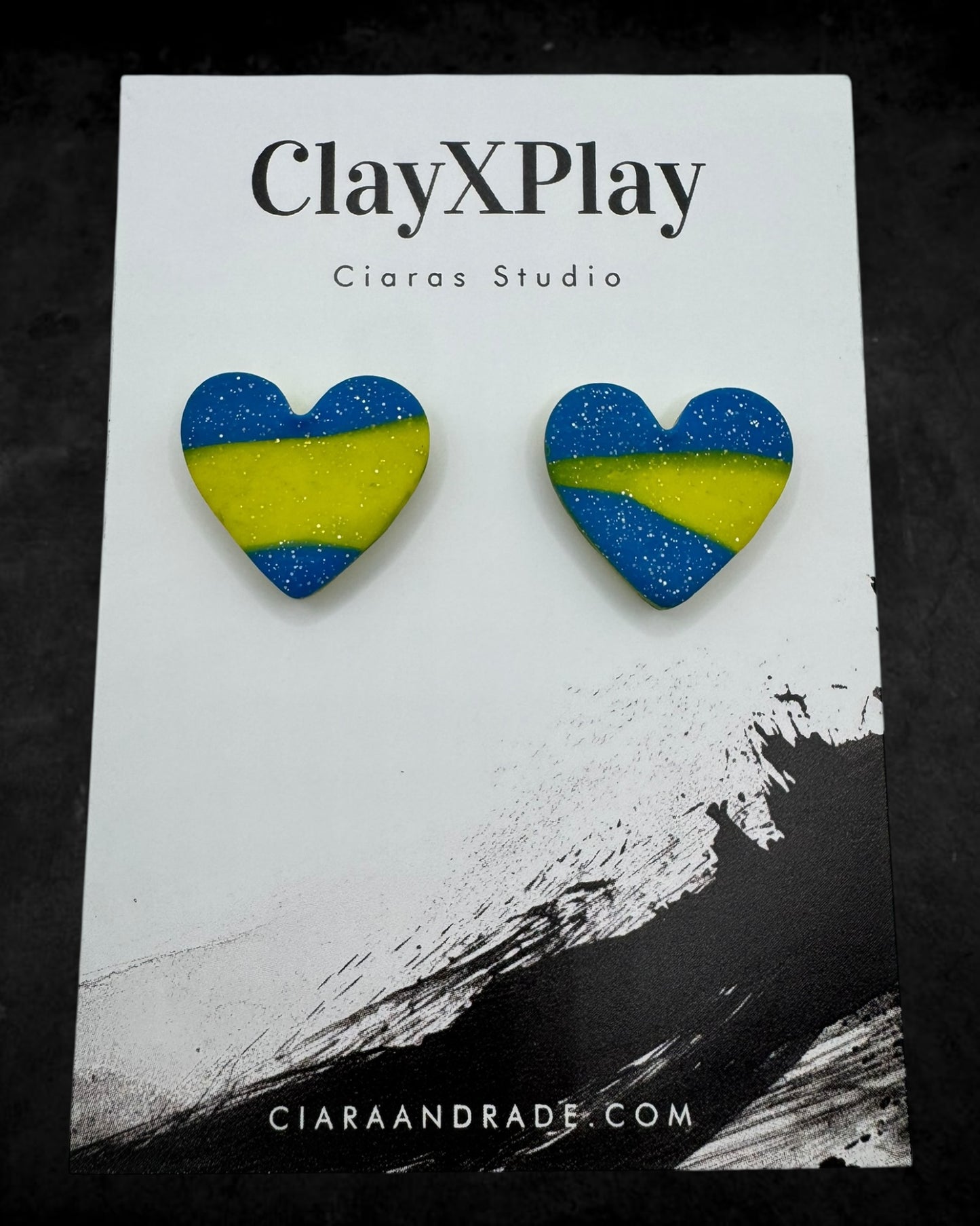 Blue & Yellow Medium Polymer Clay Heart Studs Handmade
