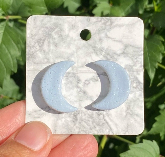 Powder Blue Glitter Moon Polymer Clay Stud Earrings Handmade