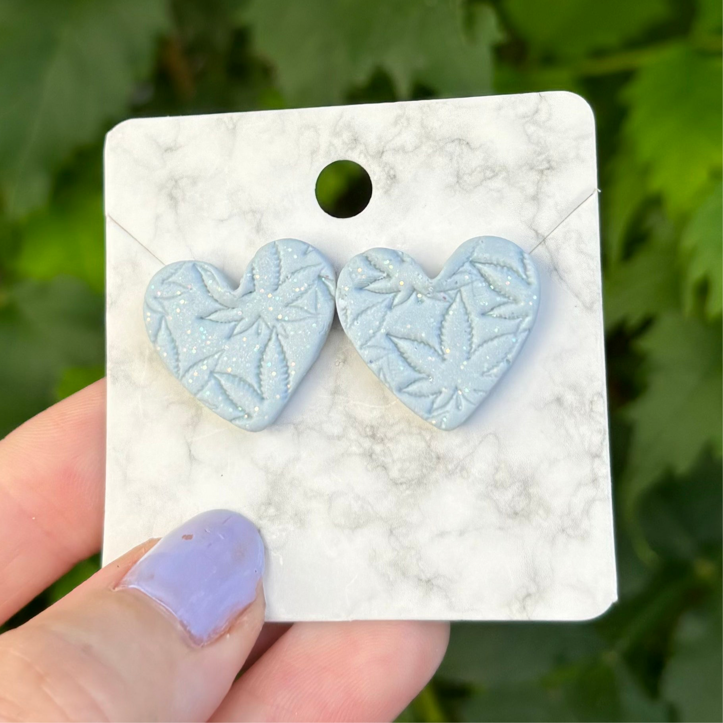 Medicated 420 Medium Blue Polymer Clay Heart Stud Earrings Handmade