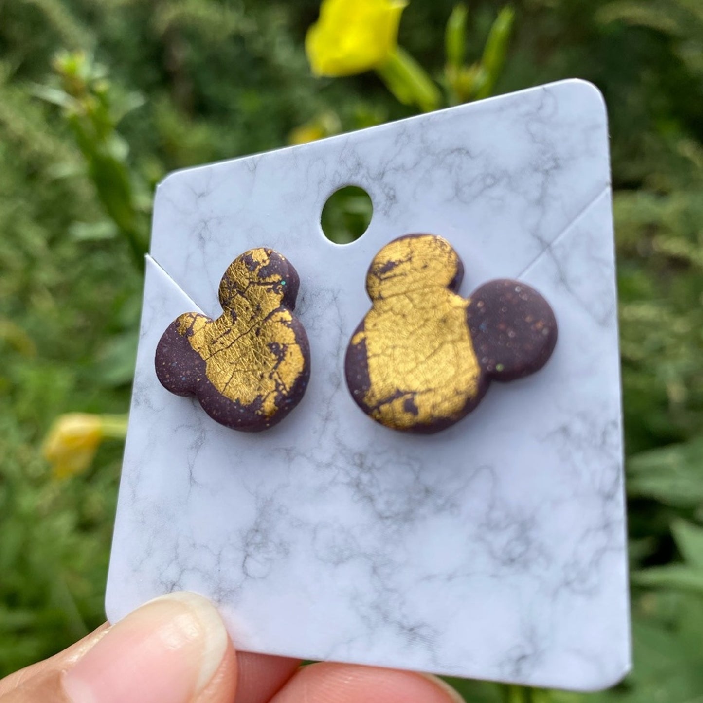 Gold Leaf Mickey Medium Polymer Clay Heart Stud Earrings Handmade