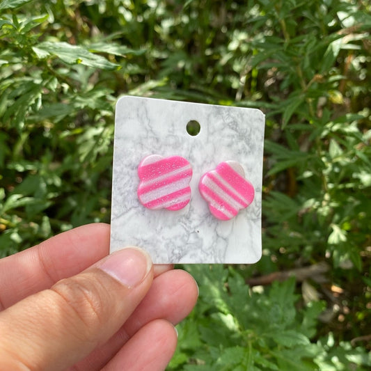 Pink‎ and White Striped Flower Polymer Clay Stud Earrings Handmade Handcrafted