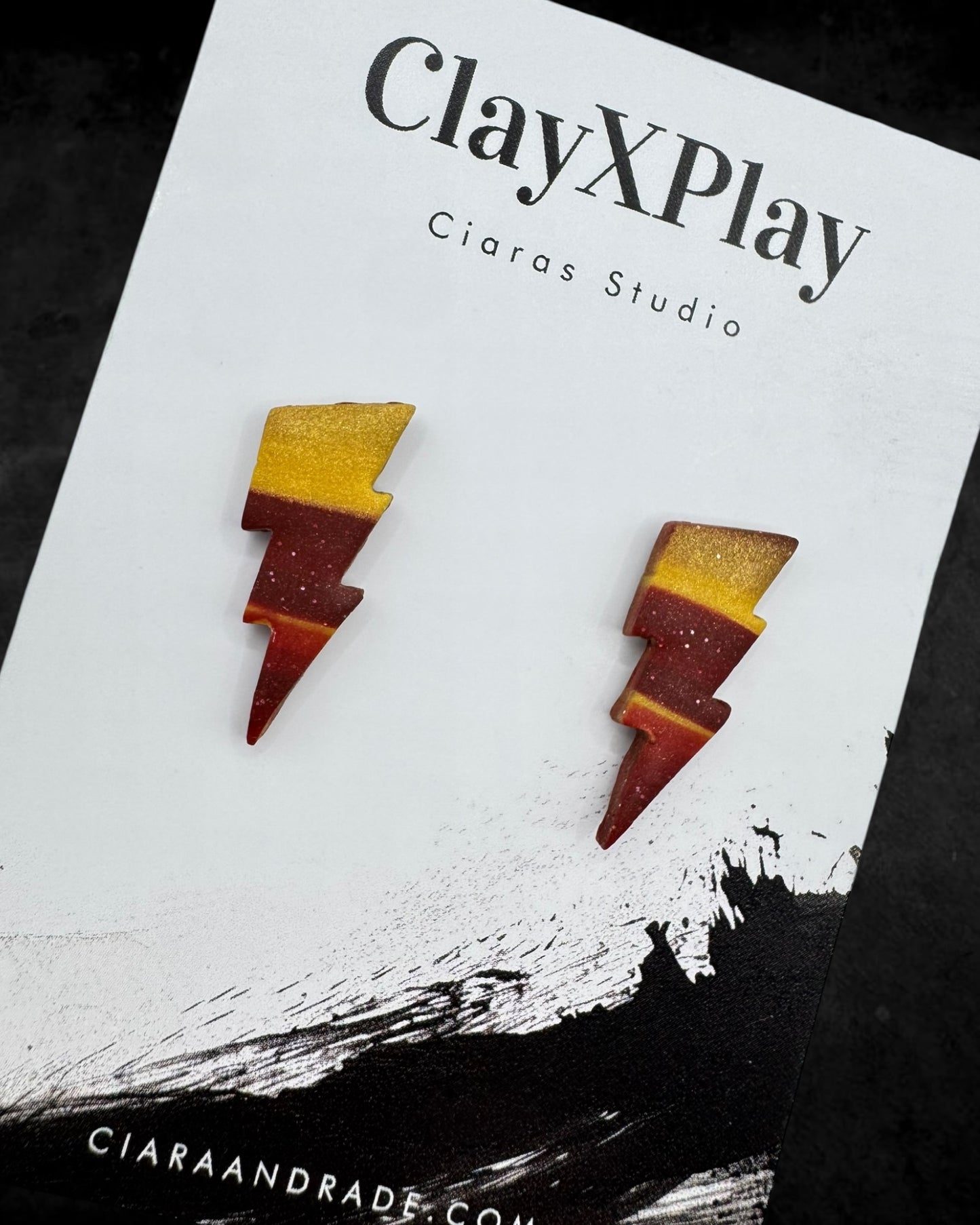 Lightning Bolt Red & Yellow Small Polymer Clay Stud Earrings Handmade