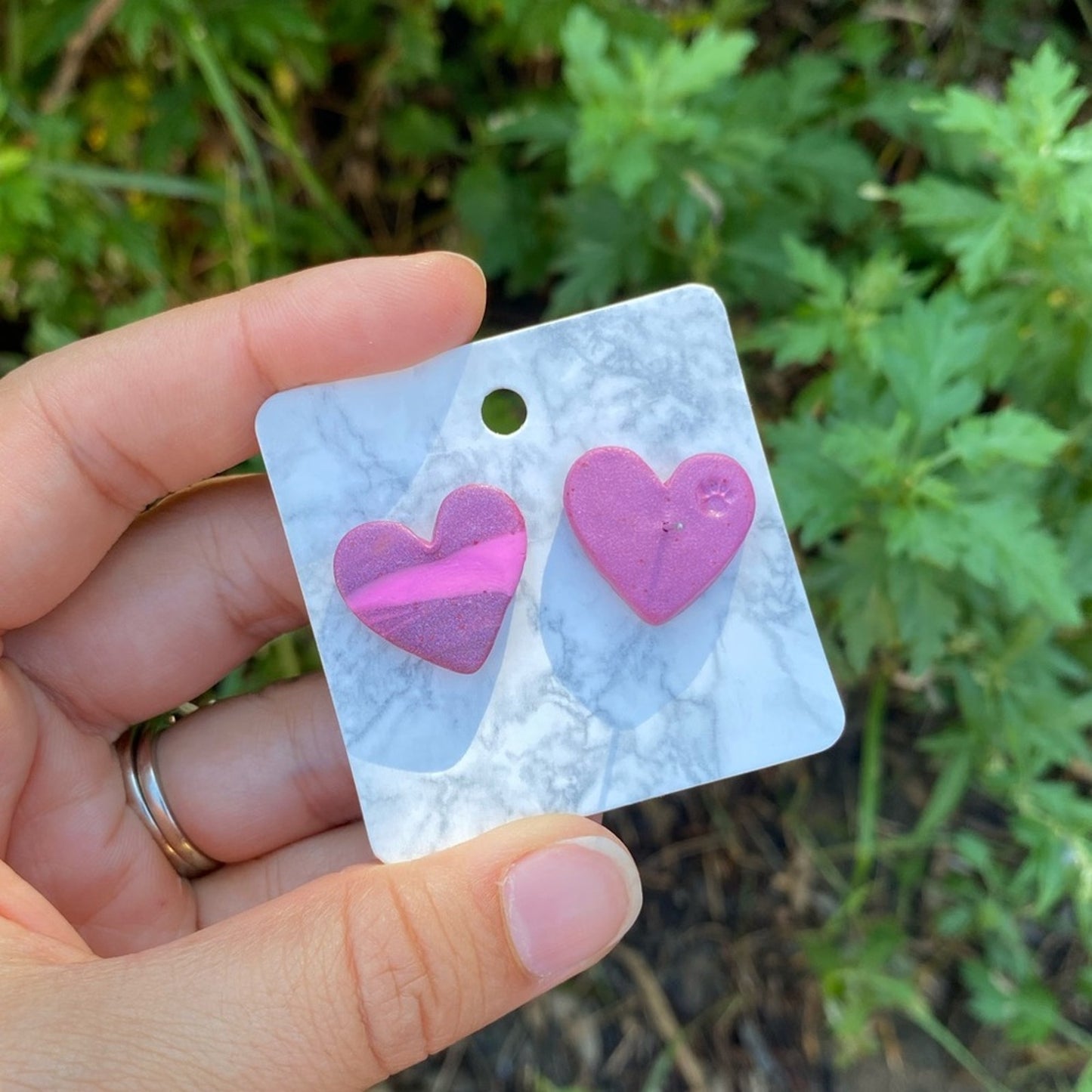 Pink Swirl Medium Polymer Clay Heart Stud Earrings Handmade