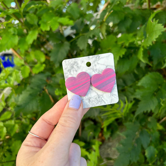 Large Pink and Gray Marbled Heart Stud Earrings